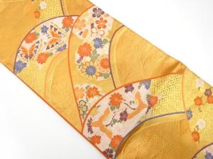 アンティーク　変わり青海波に鶴・蝶・花模様織り出し袋帯（着用可）